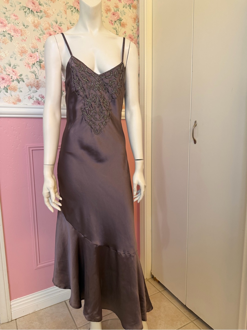 Satin Slip Dress with Embroidered Bodice - Purple